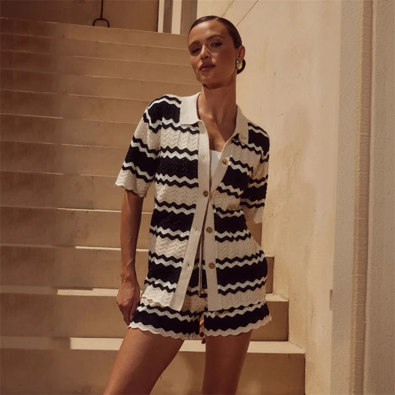 Women's Crochet Knit Cover Up Set Striped