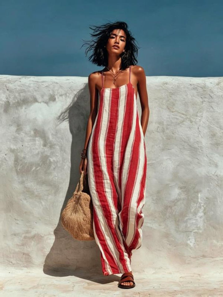 Women's Halter Wide Leg Jumpsuit Stripe Sleeveless