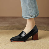 The Square Toe Leather Block Heel Pump