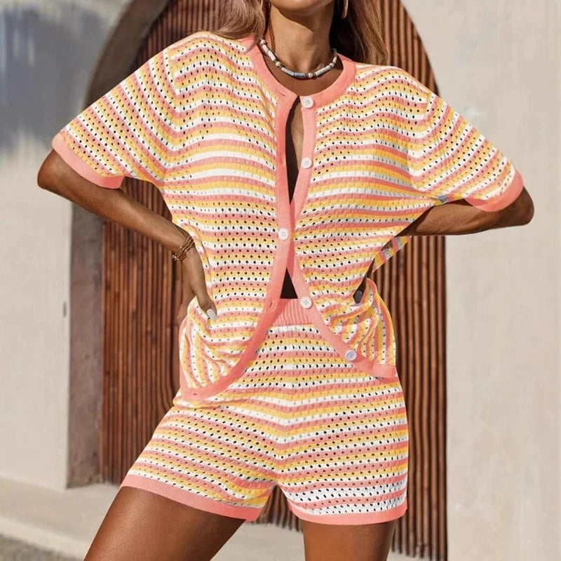 Women's Knit Striped Cardigan Shorts Set Summer