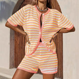 Women's Knit Striped Cardigan Shorts Set Summer