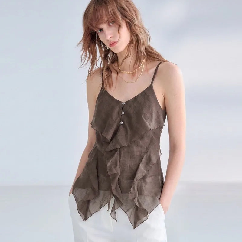Women's Ramie Cami Tank Top Asymmetrical Ruffle