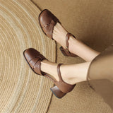 Women’s Leather Braided Ankle Strap Mid Heel Pumps