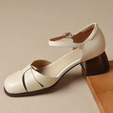 Women’s Leather Braided Ankle Strap Mid Heel Pumps