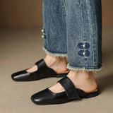 Women’s Leather Square Toe Chunky Heel Mules