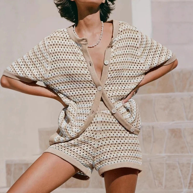Women's Knit Striped Cardigan Shorts Set Summer
