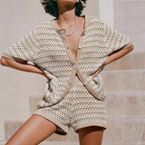 Women's Knit Striped Cardigan Shorts Set Summer