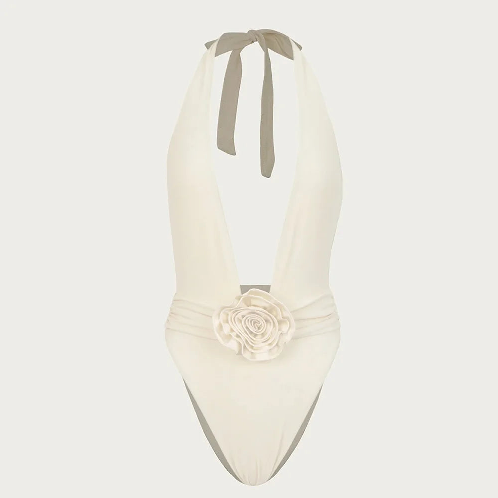 Riviera Rosette V-Neck One-Piece in Camel — Swimwear