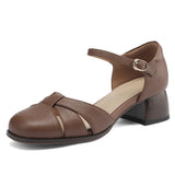 Women’s Leather Braided Ankle Strap Mid Heel Pumps