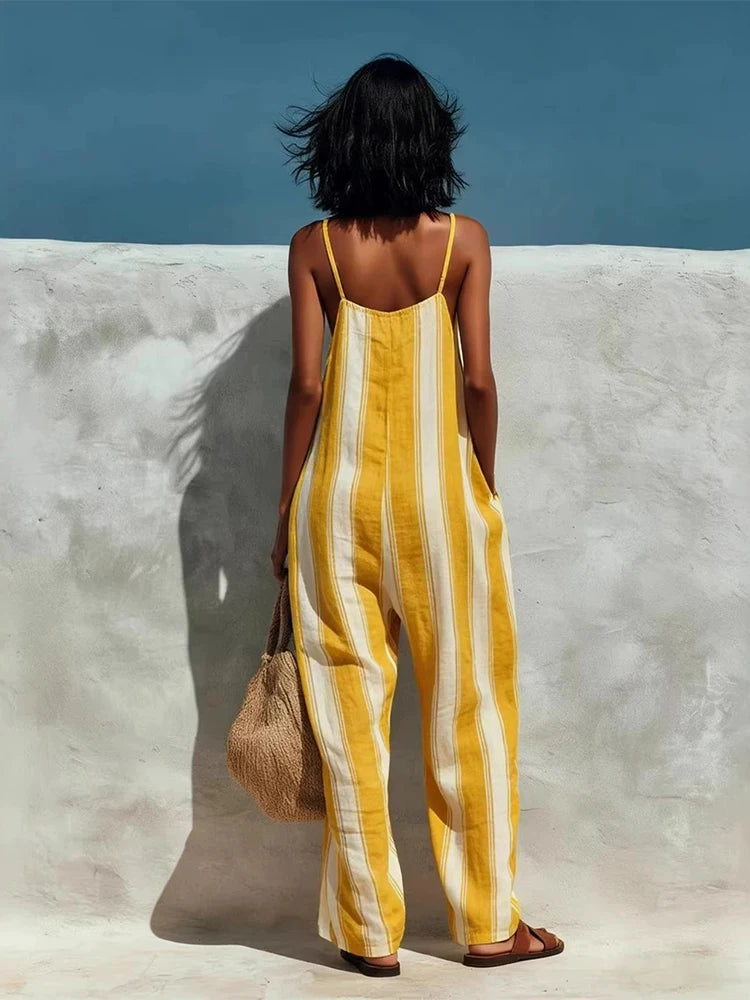 Women's Halter Wide Leg Jumpsuit Stripe Sleeveless