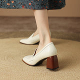 The Square Toe Leather Block Heel Pump