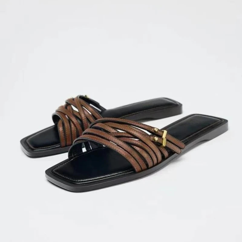 Capri Leather Flat Slides in Black — Sandals