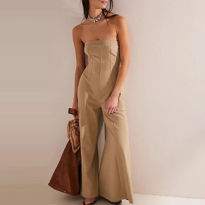 Riviera Backless Wide-Leg Jumpsuit in Camel — Jumpsuits & Rompers
