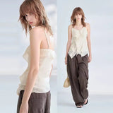 Women's Ramie Cami Tank Top Asymmetrical Ruffle