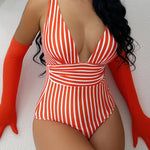 Riviera Striped V-Neck One-Piece in Camel — Swimwear