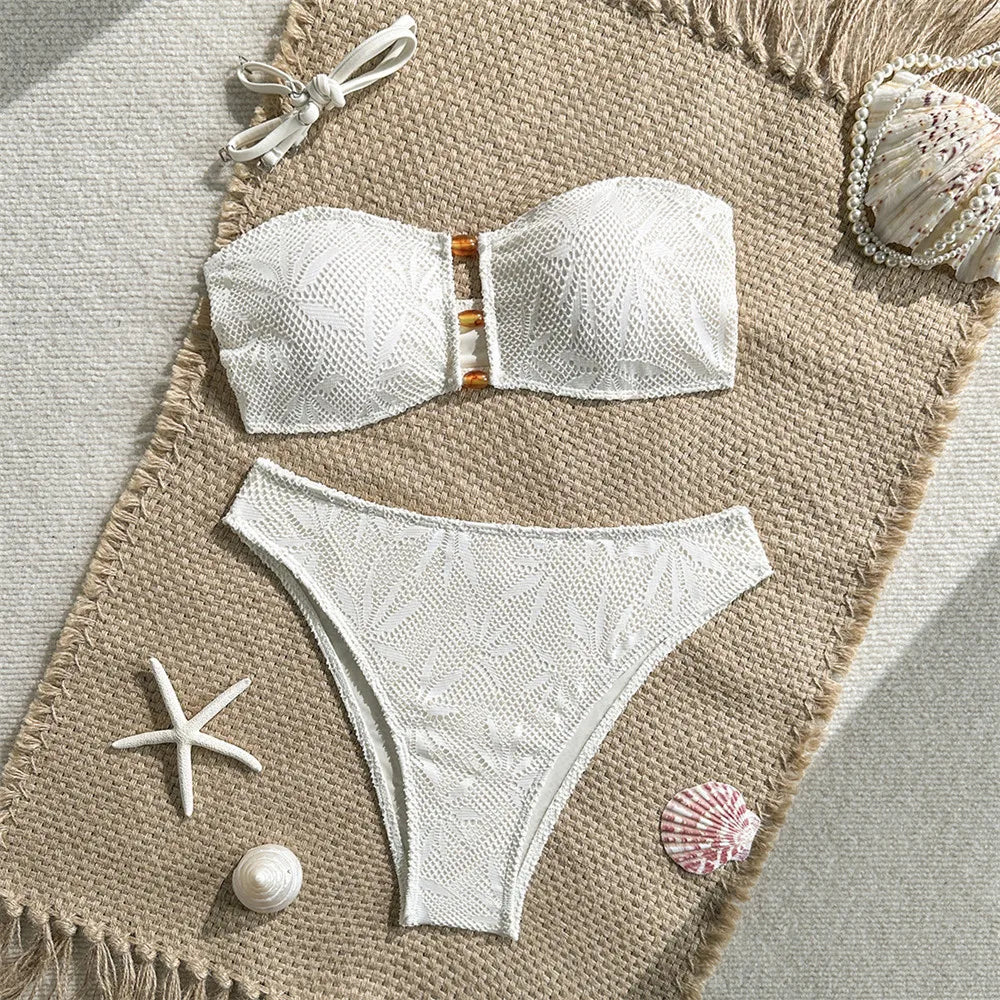 Women's Bandeau Bikini Set Hollow Out Brown