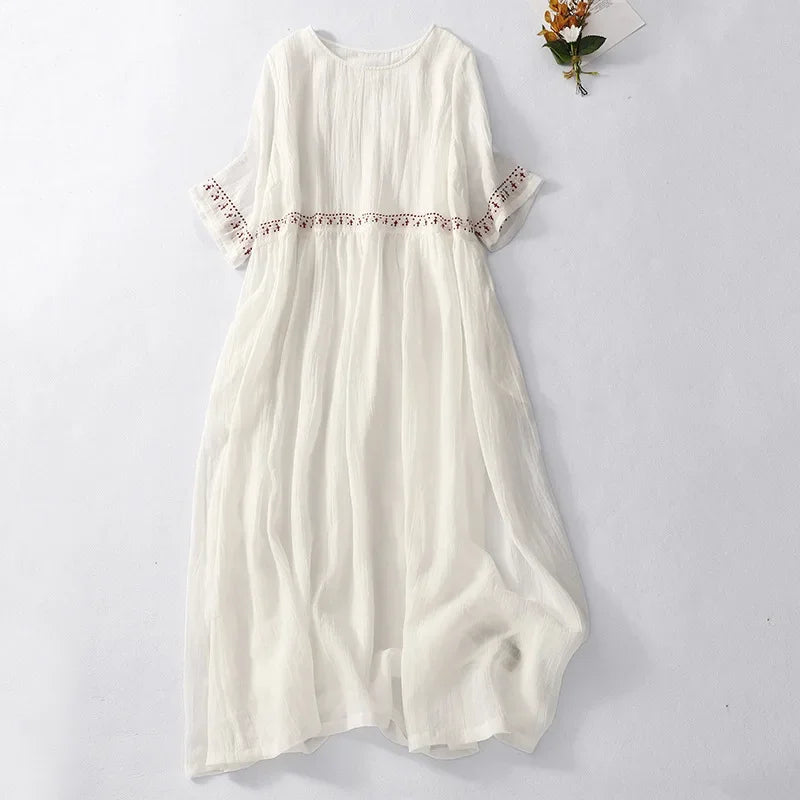 Women's Cotton Linen Midi Dress Boho Embroidery