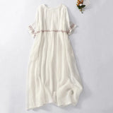 Women's Cotton Linen Midi Dress Boho Embroidery