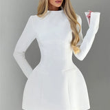 Elara White High Neck Long Sleeve Mini Dress