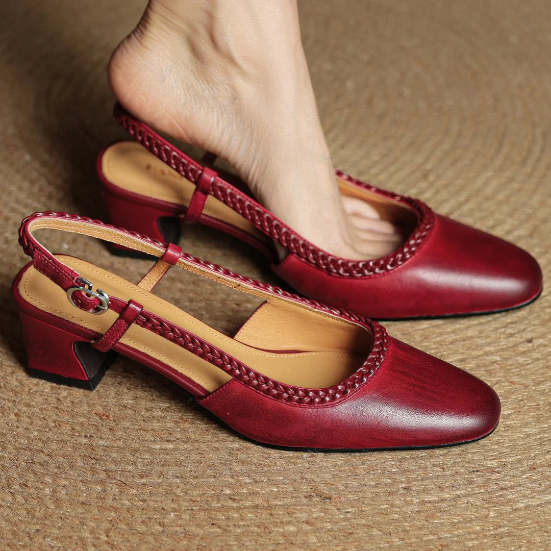 Women's Leather Slingback Heeled Sandals Round Toe