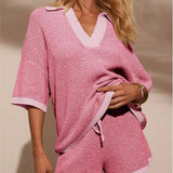 Women's Knit 2 Piece Shorts Set V Neck