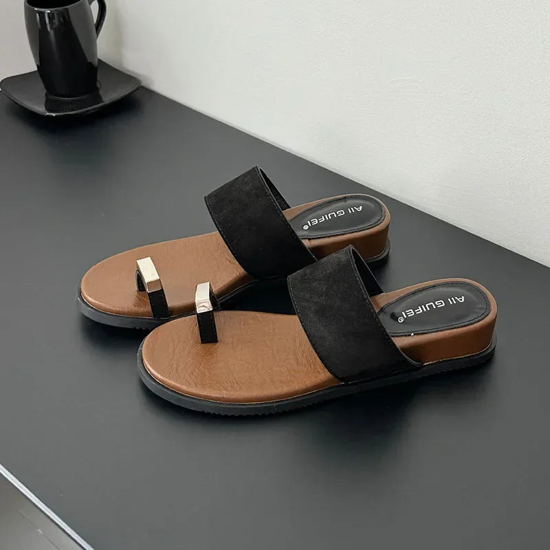 The Wide Strap Suede Toe Ring Slide