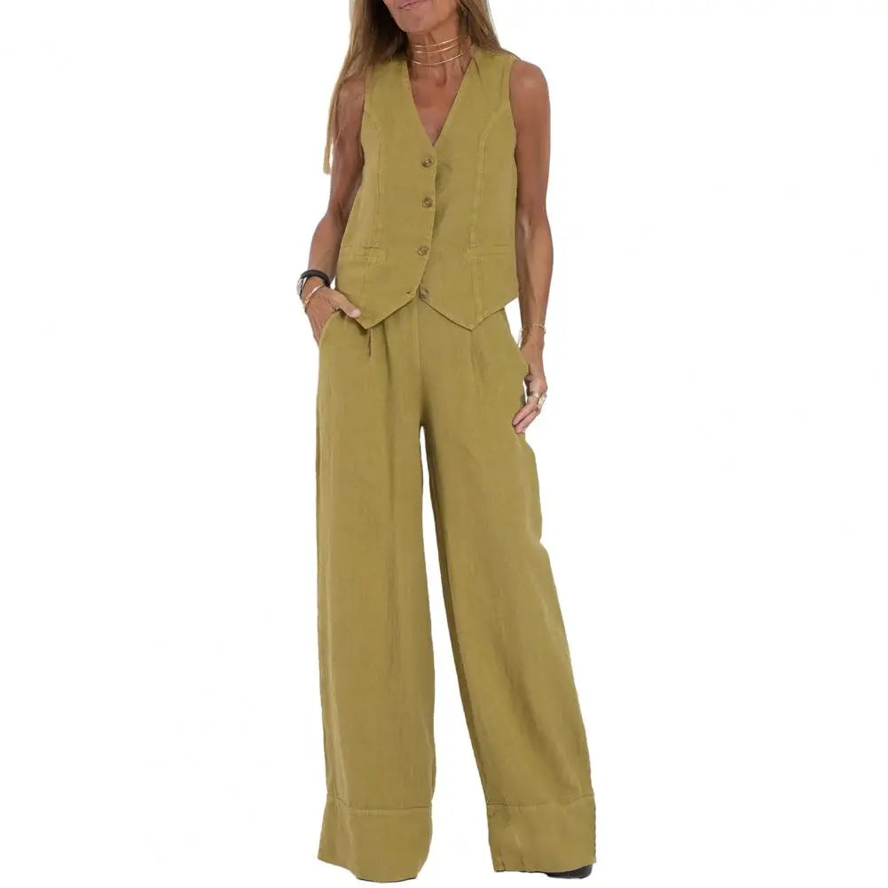 Women's Linen Two Piece Set Wide Leg Pants