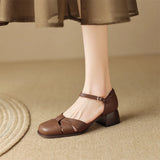 Women’s Leather Braided Ankle Strap Mid Heel Pumps
