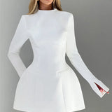 Elara White High Neck Long Sleeve Mini Dress