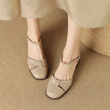 Women’s Leather Braided Ankle Strap Mid Heel Pumps