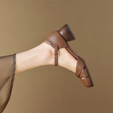 Women’s Leather Braided Ankle Strap Mid Heel Pumps