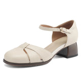 Women’s Leather Braided Ankle Strap Mid Heel Pumps
