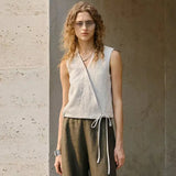 Women's Linen Tank Top V Neck Tie Front
