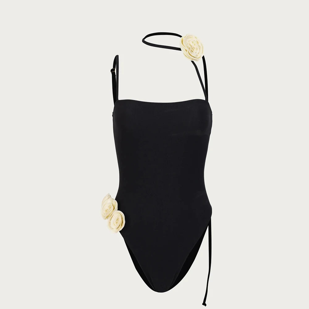 Riviera Rosette Choker One-Piece in Camel — Swimwear