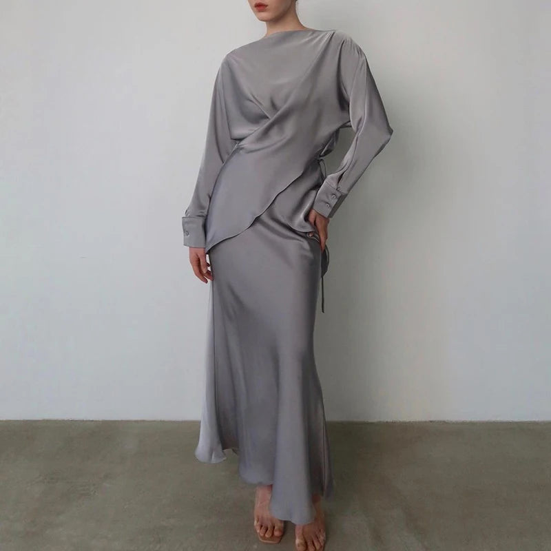 Women's Satin Two Piece Long Skirt Set