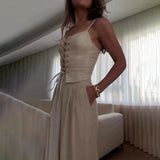 Women’s Lace-Up Top Wide Leg Pants Set