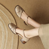 Women’s Leather Braided Ankle Strap Mid Heel Pumps
