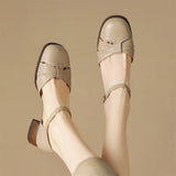 Women’s Leather Braided Ankle Strap Mid Heel Pumps