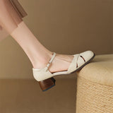 Women’s Leather Braided Ankle Strap Mid Heel Pumps