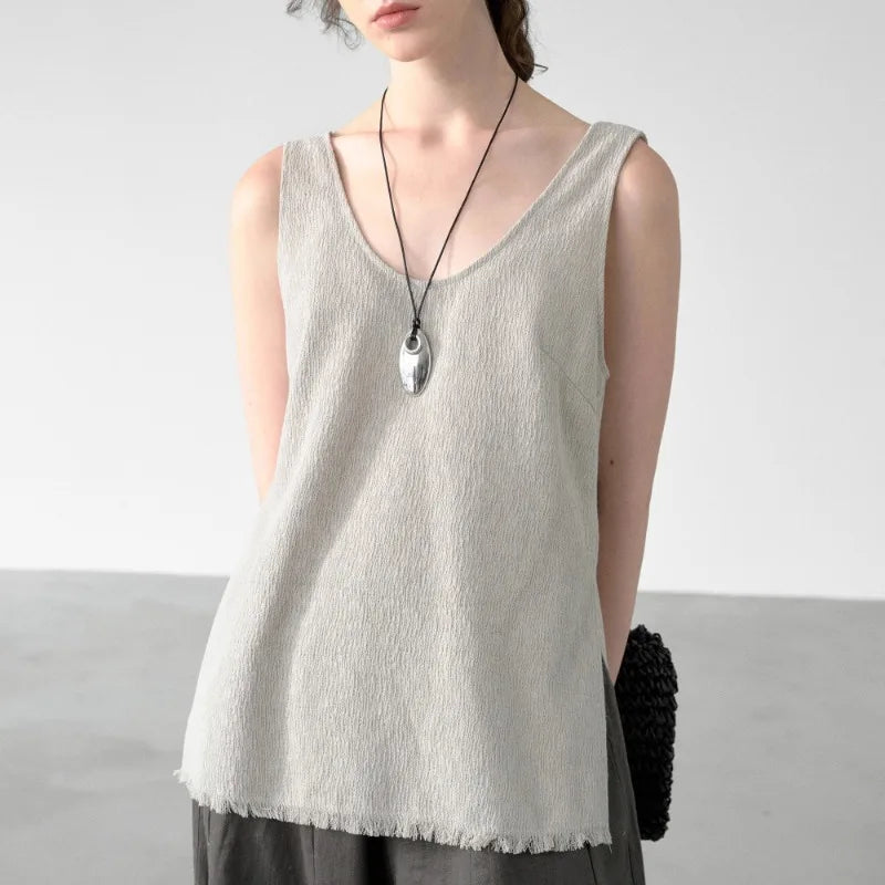Women's Ramie Knit Tank Top Tassel Backless