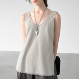 Women's Ramie Knit Tank Top Tassel Backless