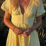 Women's Maxi Sundress V-Neck Puff Sleeve