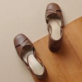 Women’s Leather Braided Ankle Strap Mid Heel Pumps