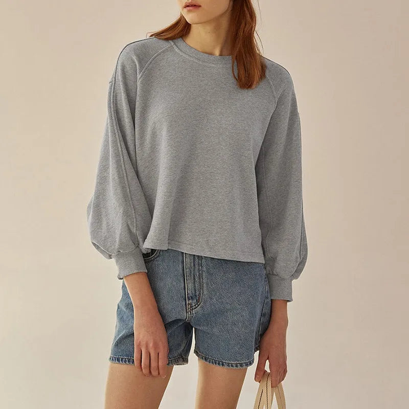 Lantern-Sleeve Cotton Pullover