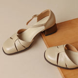 Women’s Leather Braided Ankle Strap Mid Heel Pumps