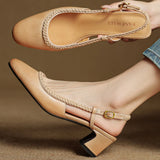 Women's Leather Slingback Heeled Sandals Round Toe