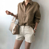 Women's Linen Oversized Shirt Shorts Set Beige