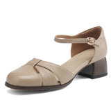 Women’s Leather Braided Ankle Strap Mid Heel Pumps