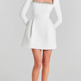Éclat Lacceti Women's White Jewel Trim Long Sleeve Mini Dress