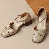 Women’s Leather Braided Ankle Strap Mid Heel Pumps